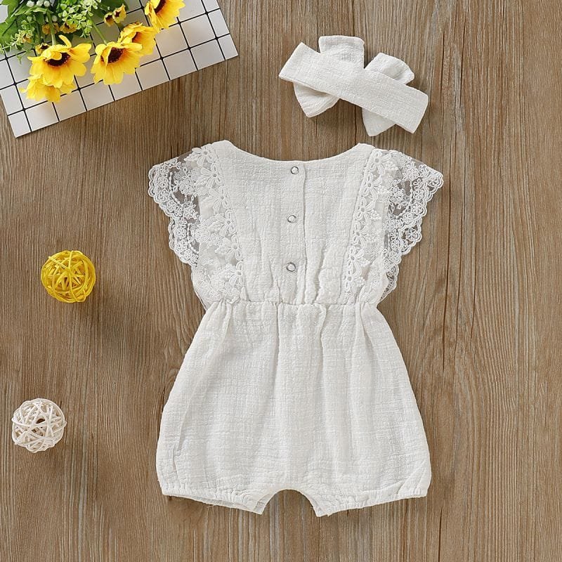 Summer Baby Girl Romper with lace detail and matching headband for newborn photos, summer outings, and daily dressing.