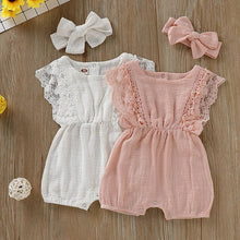 Summer Baby Girl Rompers in white and pink with lace for soft summer dressing and newborn keepsake photos.