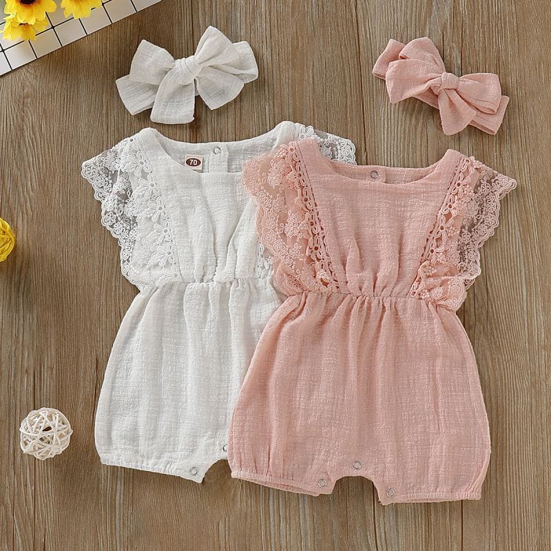 Summer Baby Girl Rompers in white and pink with lace for soft summer dressing and newborn keepsake photos.