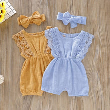 Summer Baby Girl Rompers in yellow and blue with headbands for warm-weather dressing and baby shower gifting.