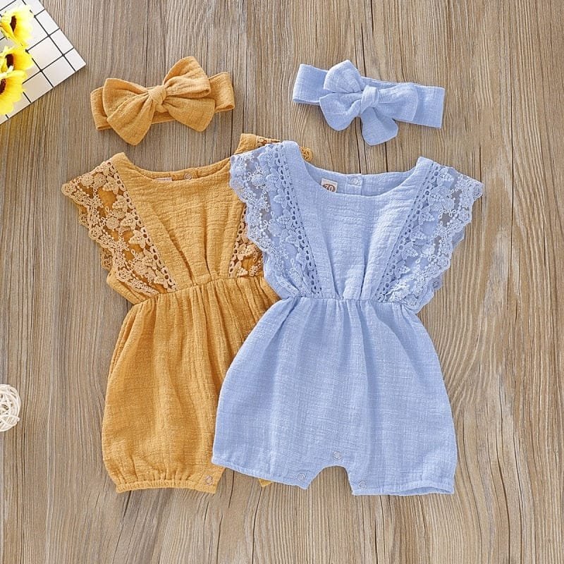 Summer Baby Girl Rompers in yellow and blue with headbands for warm-weather dressing and baby shower gifting.
