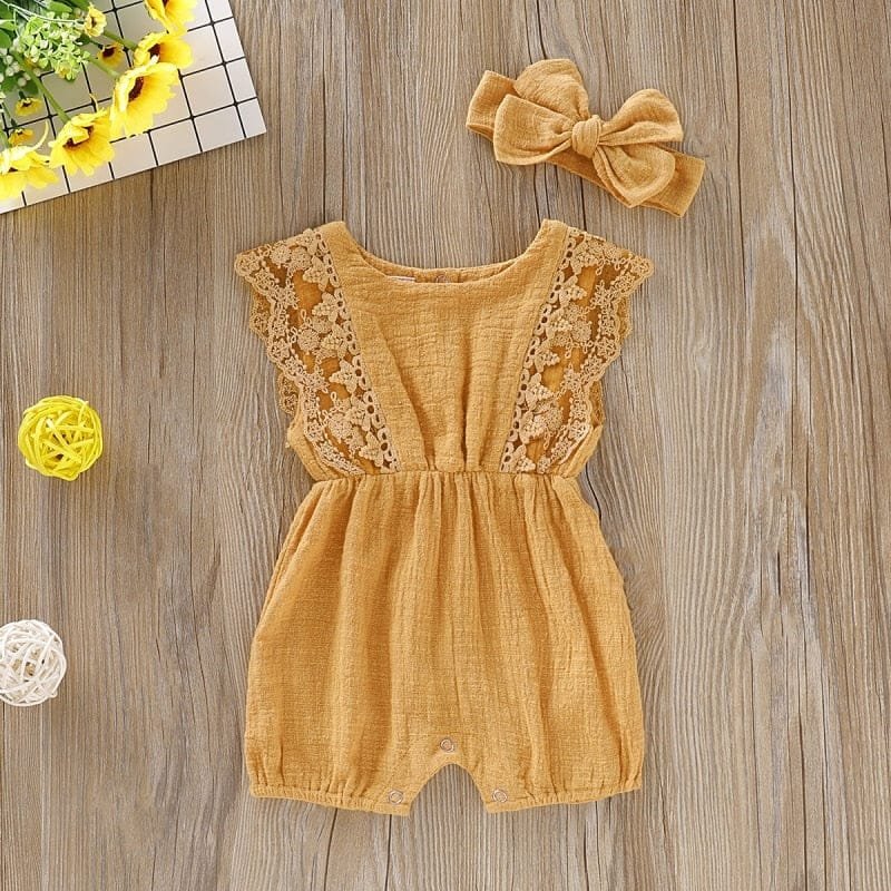 Summer Baby Girl Romper in yellow with lace and headband for sunny-day outings and cheerful newborn outfits.