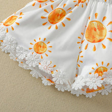 Summer Romper 0-4T white shorts with orange sun print for breezy summer play and easy toddler movement.