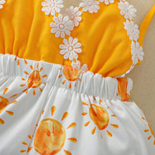 Summer Romper 0-4T yellow and white fruit print full look for cheerful summer dressing and seaside outings.