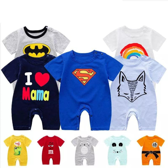 Collection of baby rompers with various designs 