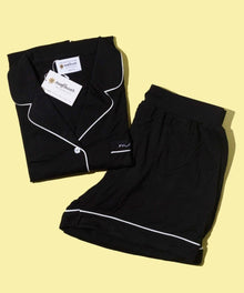 Summer short mama pajamas flat lay for warm-weather sleepwear, maternity gifting, and everyday home lounging.
