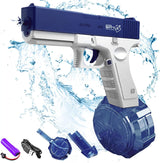 Water gun with blue and white design, surrounded by water splashes.