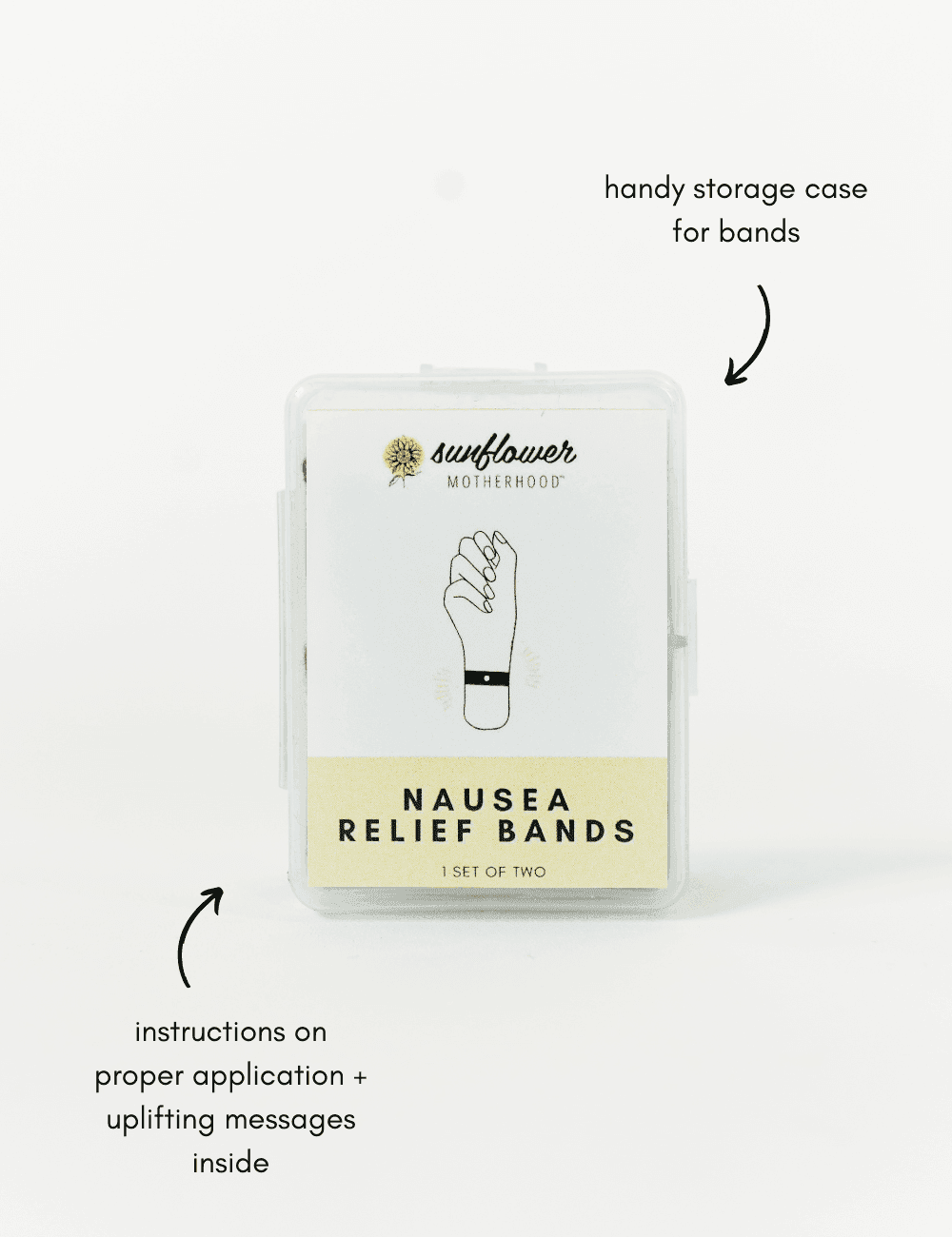Sunflower Motherhood nausea relief bands packaging front view for expectant mothers managing morning sickness and car sickness.