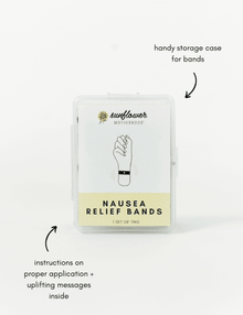 Sunflower Motherhood nausea relief bands packaging front view for expectant mothers managing morning sickness and car sickness.