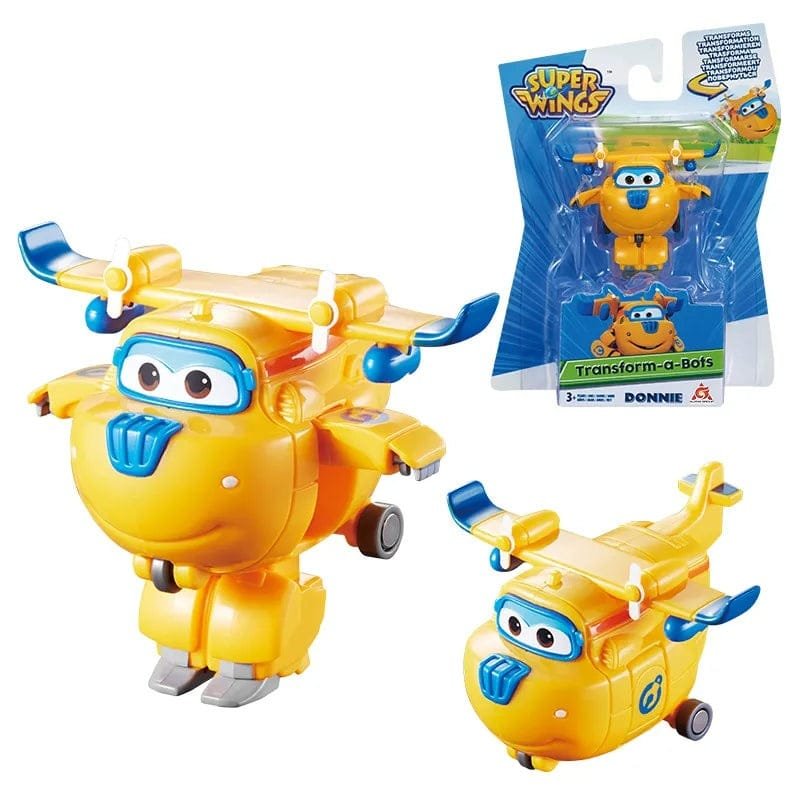 Super Wings Mini Transforming Robots shown in airplane and robot forms for two-in-one play and creative storytelling.