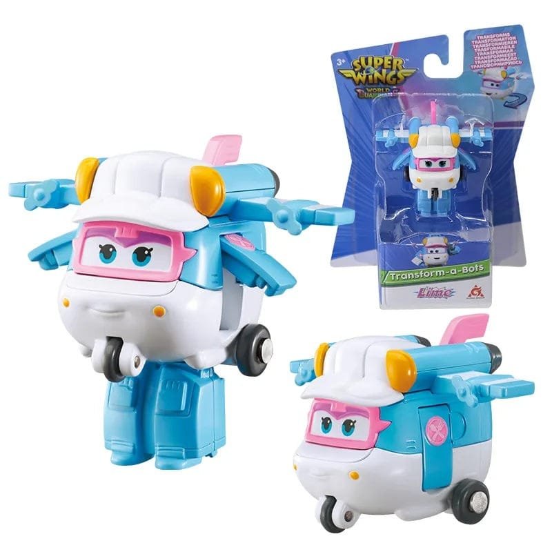 Super Wings Mini Transforming Robots dual form figure with packaging for switching between plane and robot play.