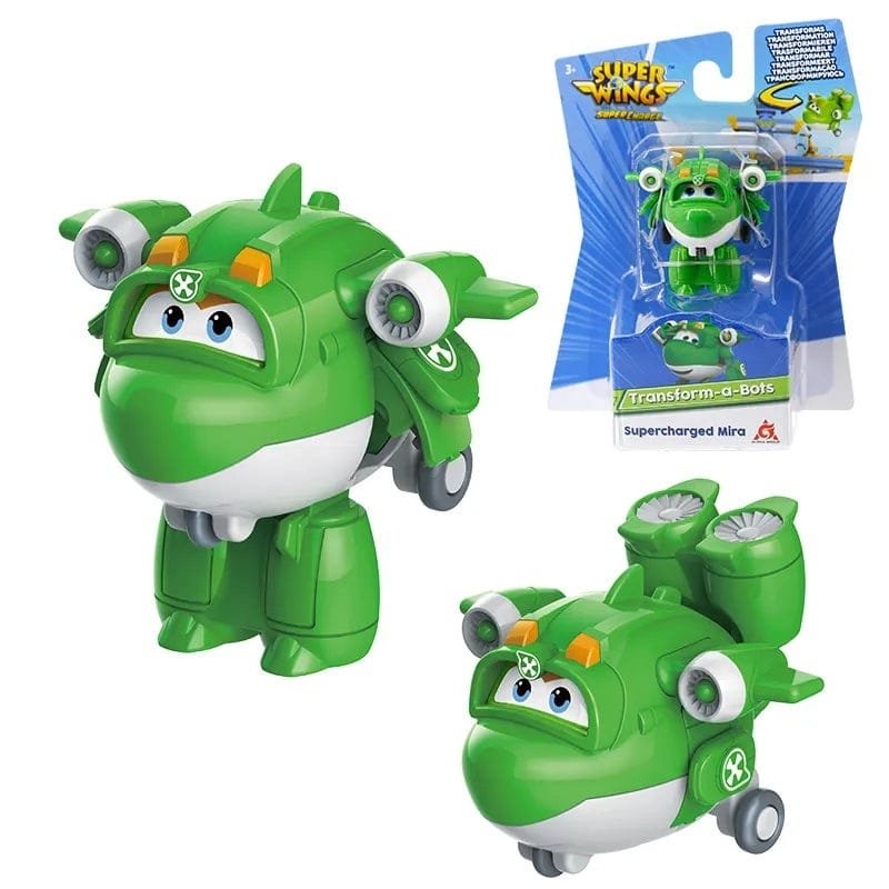 Super Wings Mini Transforming Robots green dinosaur robot figure with box for imaginative character play and collecting.