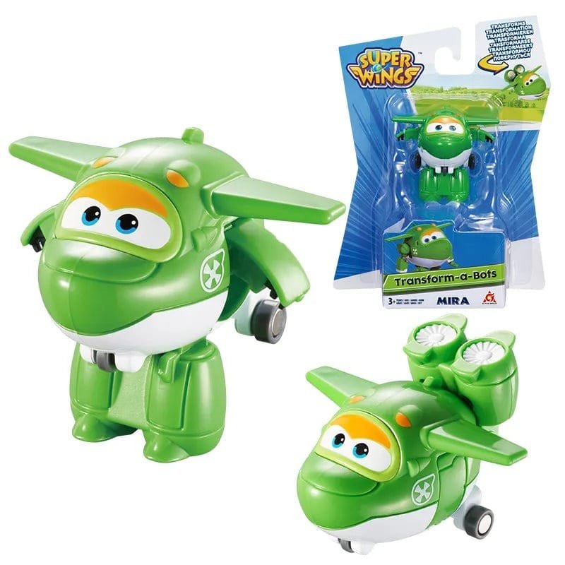 Super Wings Mini Transforming Robots green plane robot with packaging for pretend flying and transforming play.