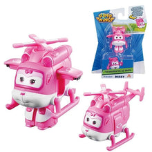Super Wings Mini Transforming Robots pink helicopter in branded packaging for birthday gifts and party favours.