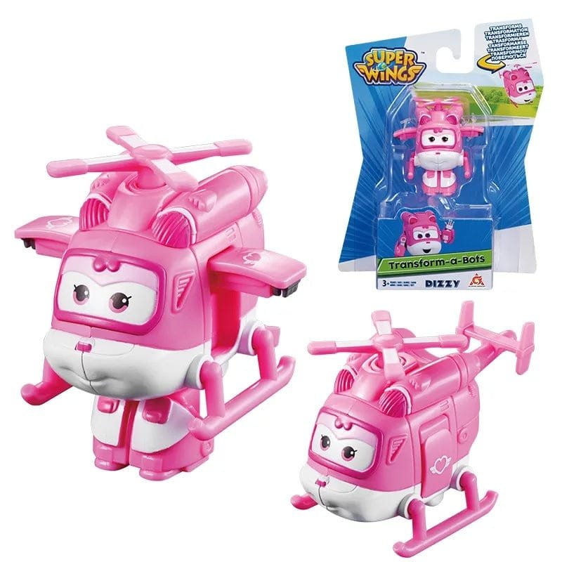 Super Wings Mini Transforming Robots pink helicopter in branded packaging for birthday gifts and party favours.