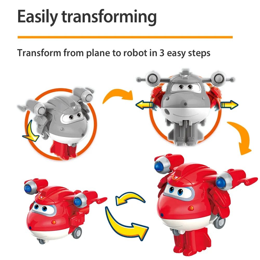 Super Wings Mini Transforming Robots plane to robot transformation steps for easy hands-on play and motor skill practice.