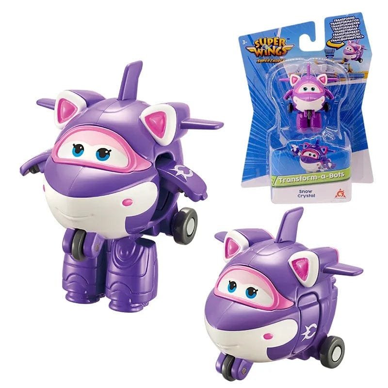 Super Wings Mini Transforming Robots purple and pink figure with transformation tool for guided hands-on play.