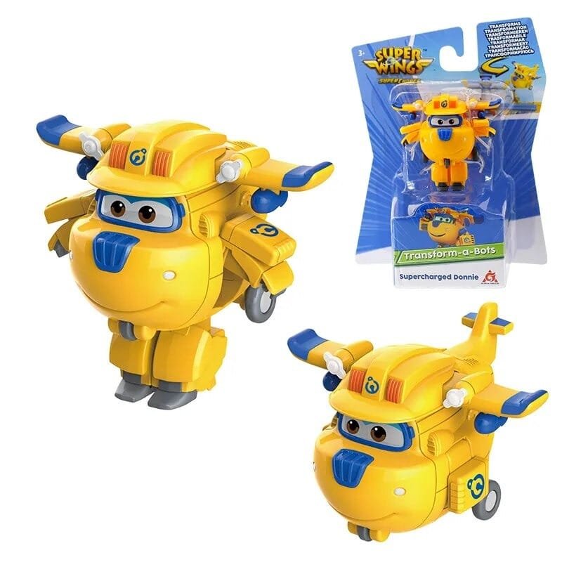 Super Wings Mini Transforming Robots yellow and blue figures with packaging for anime-inspired pretend play and gifting.