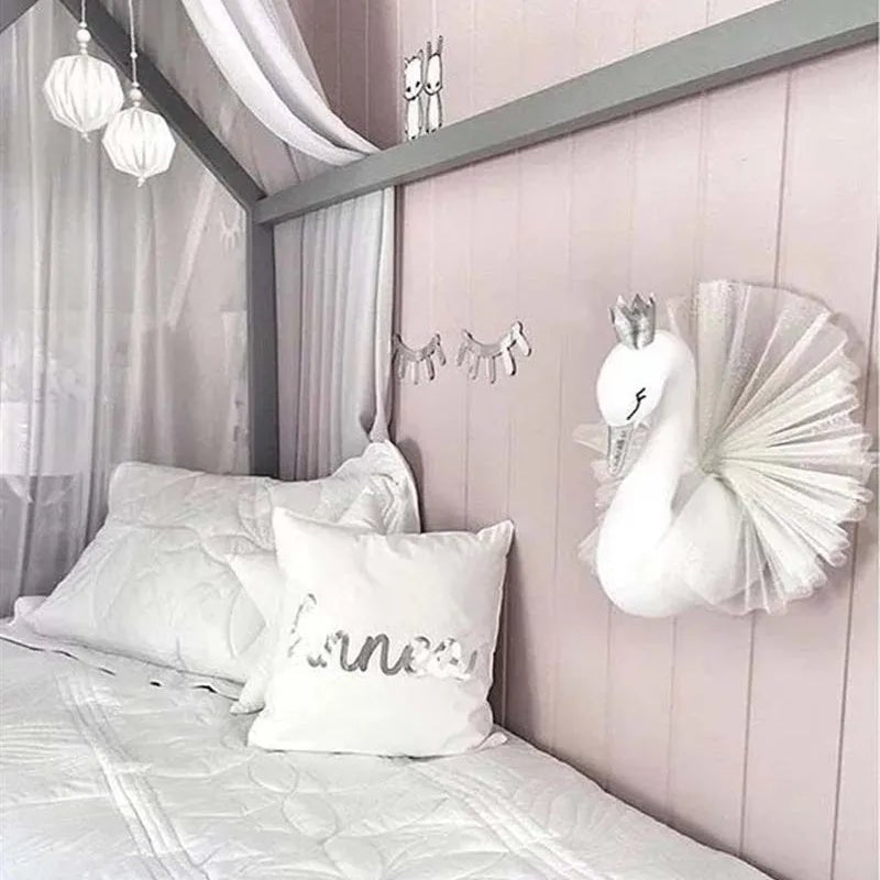 3D Stuffed Animal Head swan headboard wall decor for baby girl nursery styling and room makeovers.