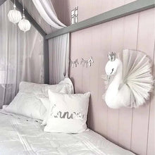 3D Stuffed Animal Head swan headboard wall decor for baby girl nursery styling and room makeovers.