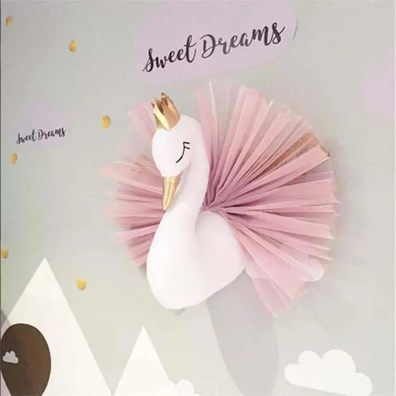 Close-up of the 3D Stuffed Swan Head wall decor pink tutu and gold crown detail for nursery wall display.