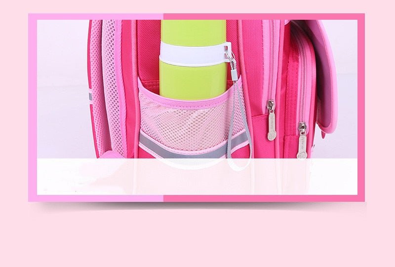 Pink backpack with a green book inside