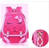 Pink backpack with cat face design and bow detail.