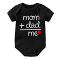 Black baby onesie with 'mom + dad = me' text and a heart