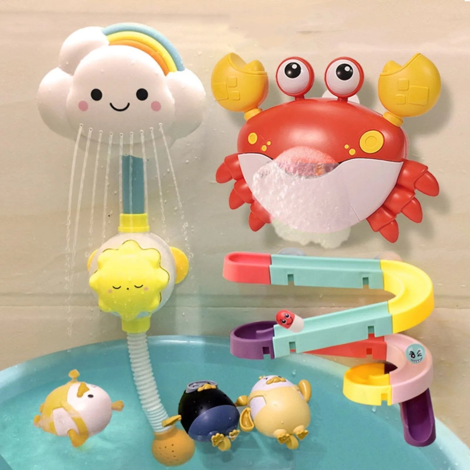 Swimming Water-Spraying Cloud and Flower Bath Toys full set in a bathtub for splash play and enjoyable bath times.