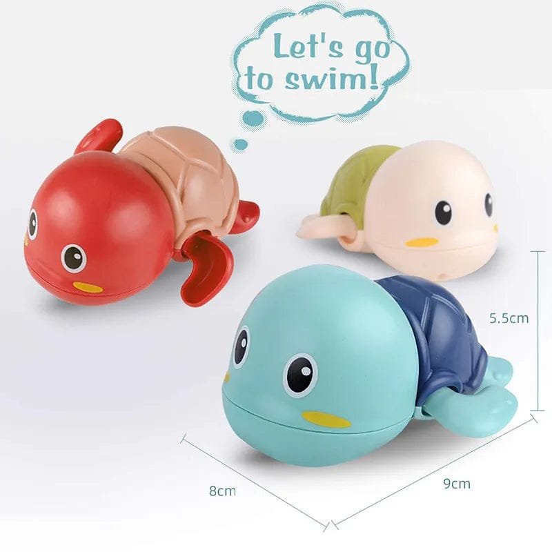 Swimming Turtle and Whale Bath Toys turtle trio with measurements for checking toy size before buying for kids.