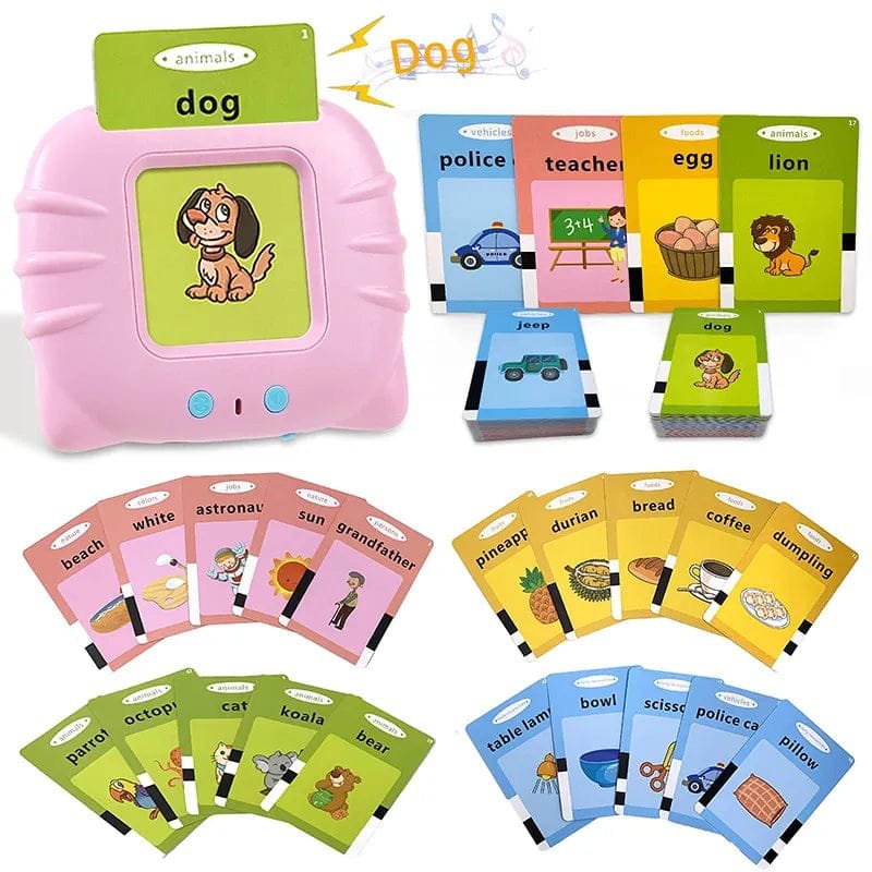 Talking Flash Cards sight words pink device with card stack for language learning and daily reading practice.