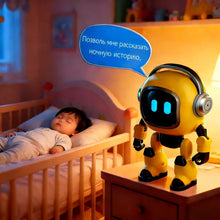 Yellow robot beside a child's crib at night with a speech bubble about a bedtime story