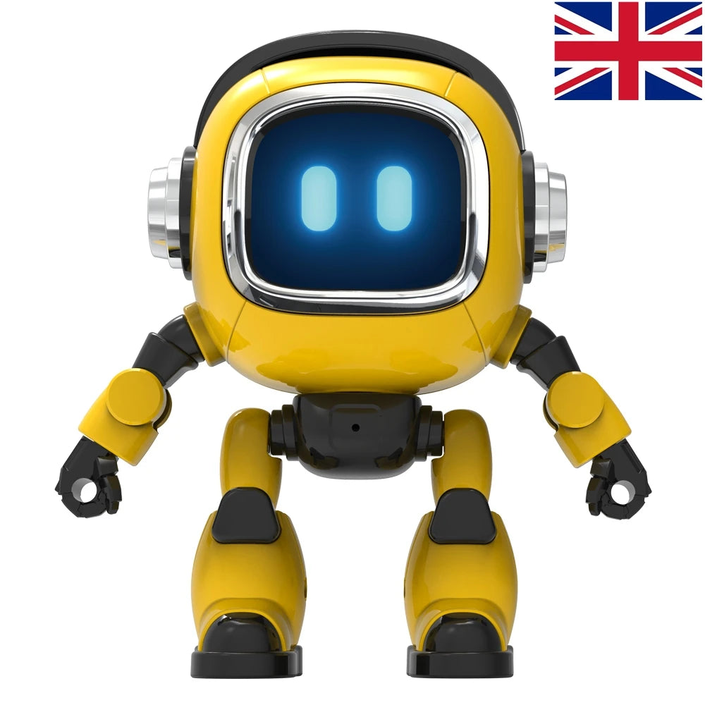 Yellow robot with a glowing screen face and a United Kingdom flag in the corner