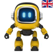 Yellow robot with a glowing screen face and a United Kingdom flag in the corner