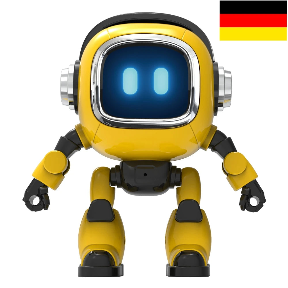 Yellow robot with a glowing screen face and a German flag in the corner
