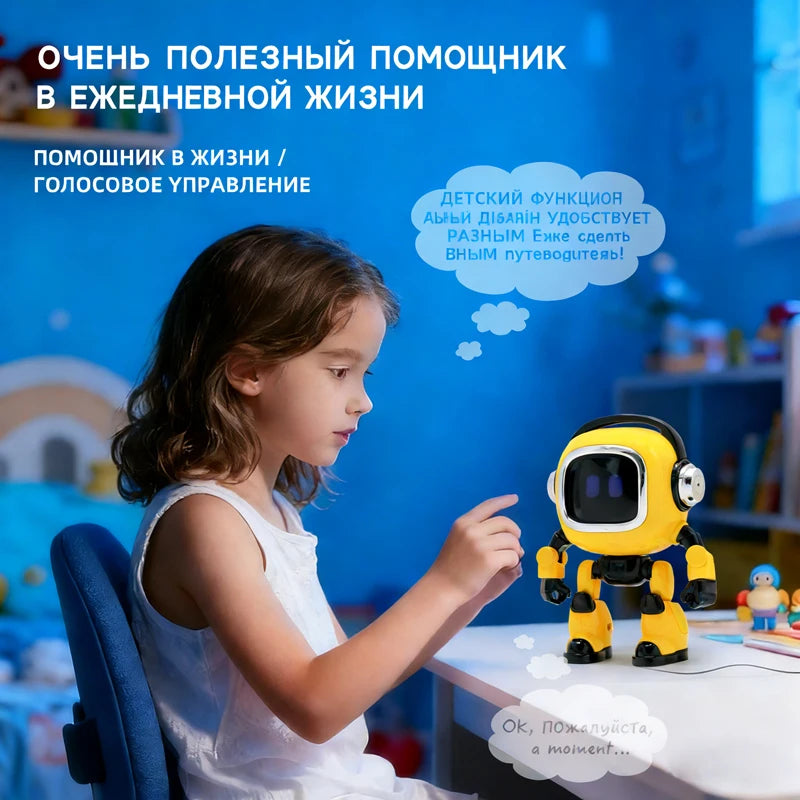 Girl at a desk touching a small yellow robot with a thought bubble above it