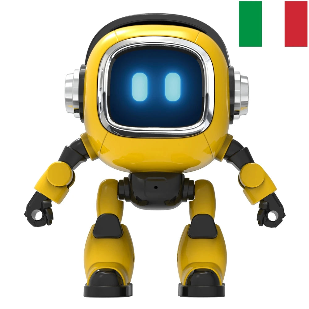 Yellow robot with a glowing screen face and an Italian flag in the corner