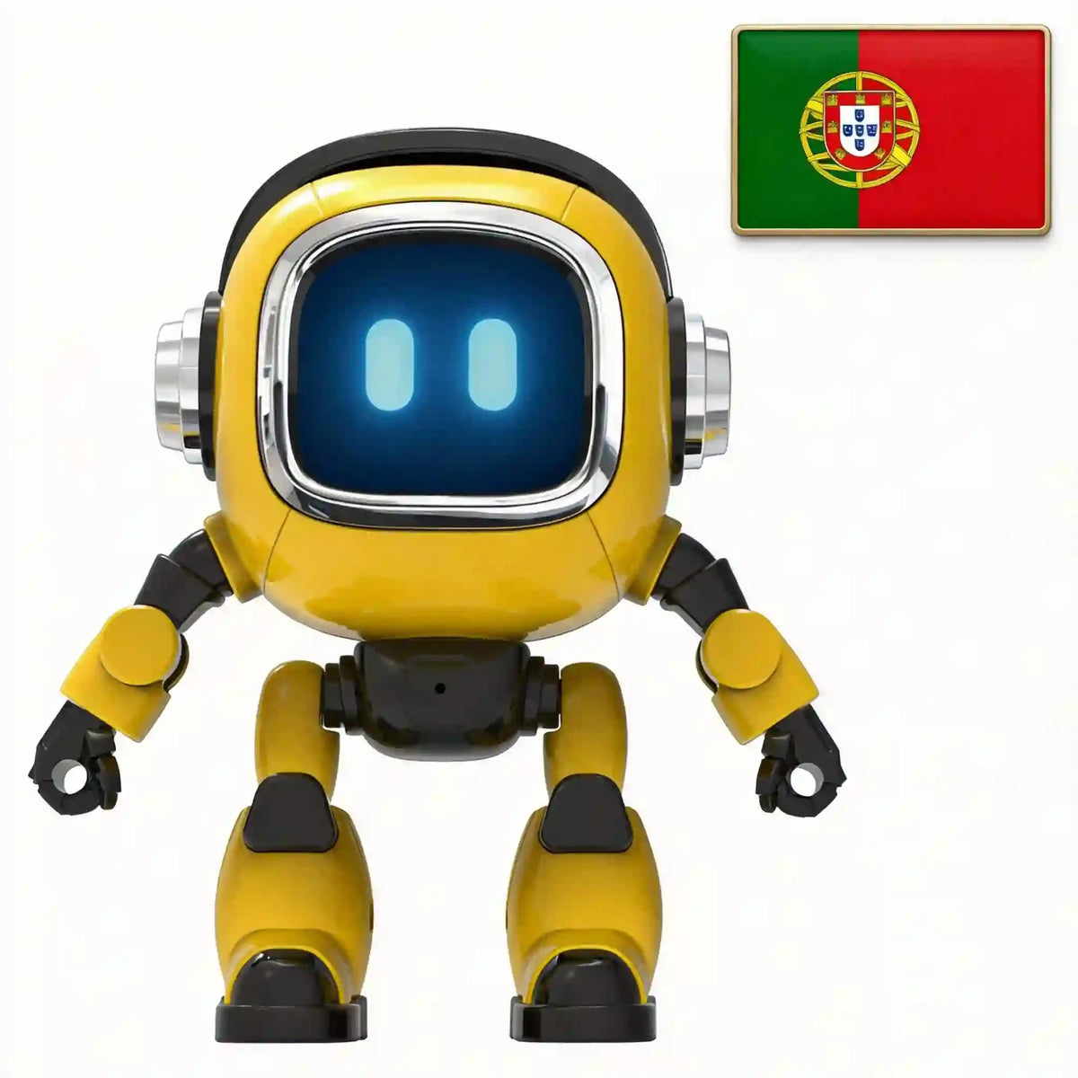 Yellow robot with a glowing screen face and a Portuguese flag in the corner