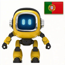 Yellow robot with a glowing screen face and a Portuguese flag in the corner