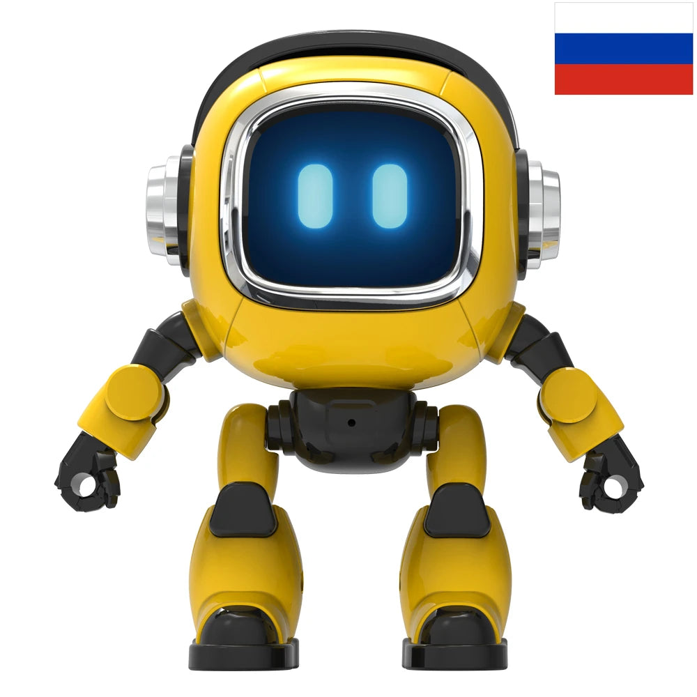 Yellow robot with a glowing screen face and a Russian flag in the corner