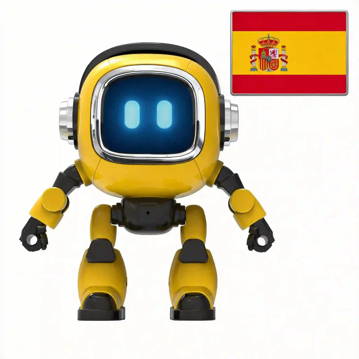 Yellow robot with a glowing screen face and a Spanish flag in the corner