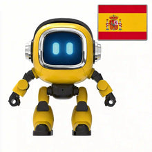 Yellow robot with a glowing screen face and a Spanish flag in the corner