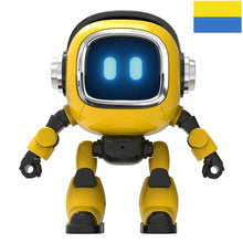 Yellow robot with a glowing screen face and a Ukrainian flag in the corner