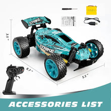 Teal and black Sinovan RC drift car with accessories for fast indoor drifting, driveway racing, and birthday gifts.