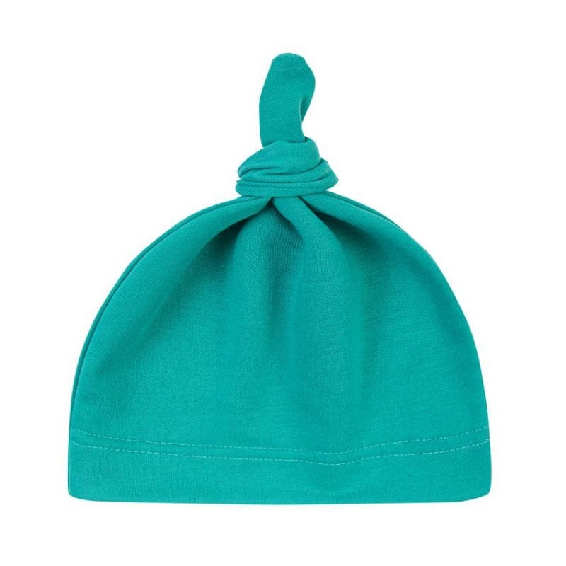 Teal knotted baby cap in cotton, second view, for newborn naps and everyday nursery dressing.