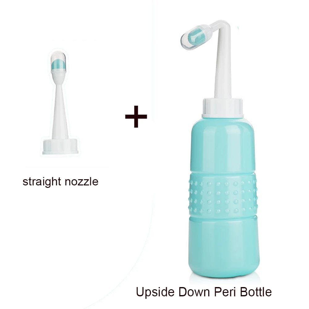 Teal peri bottle with straight nozzle for postpartum recovery hygiene at home, in hospital, and while travelling.