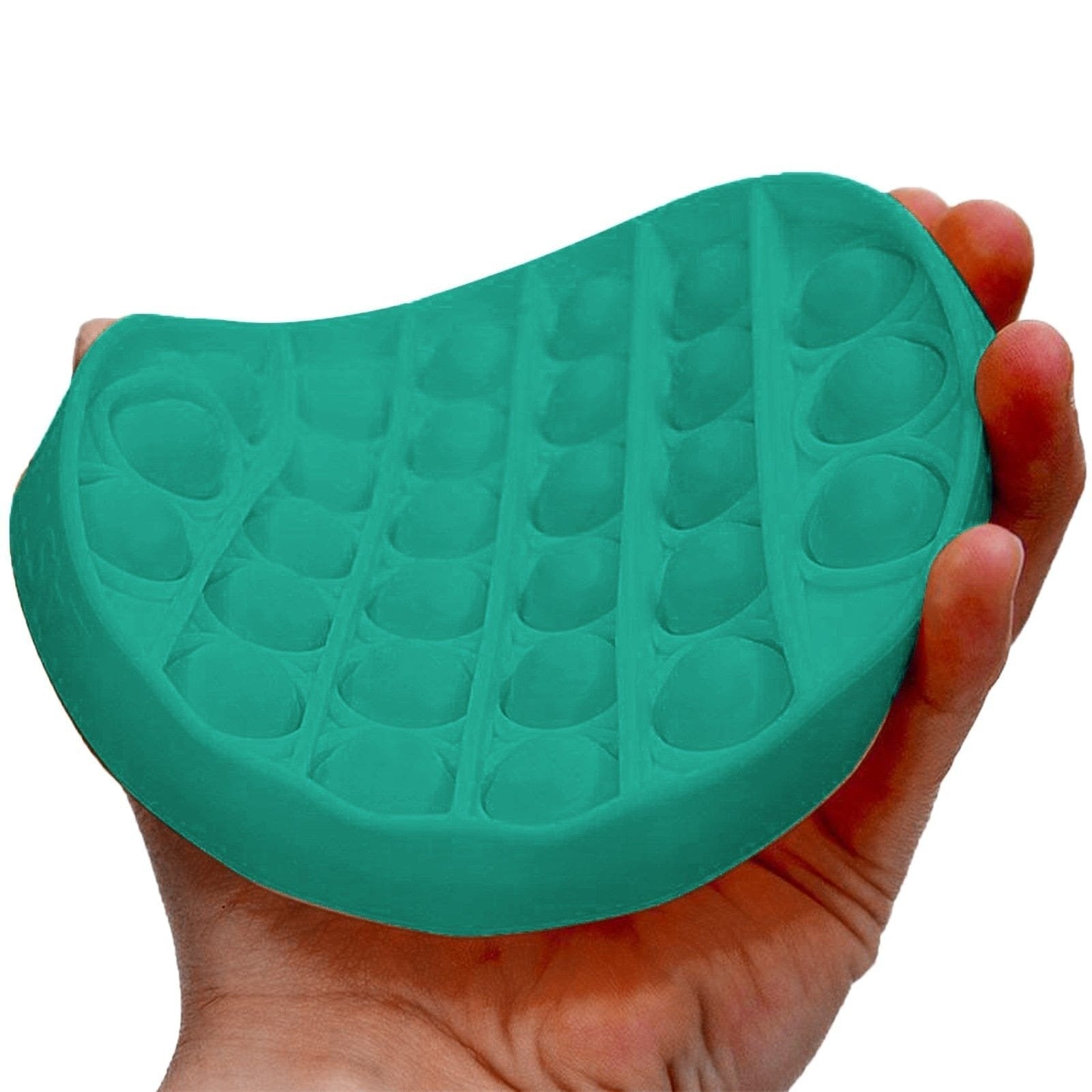 Teal push pop bubble sensory fidget toy held in hand for calming stress relief.