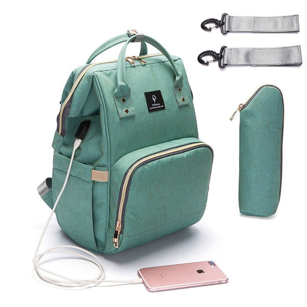 Baby Diaper Bag with USB Interface teal backpack featuring a multi-pocket organizer pouch for daily nappy changes and outings.