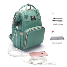 Teal USB Large Capacity Nappy Bag waterproof maternity backpack with stroller straps for organised days out with baby.