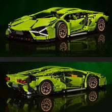 Tech Building Blocks RC Static Racing Car green brick model on a reflective surface for display after building.